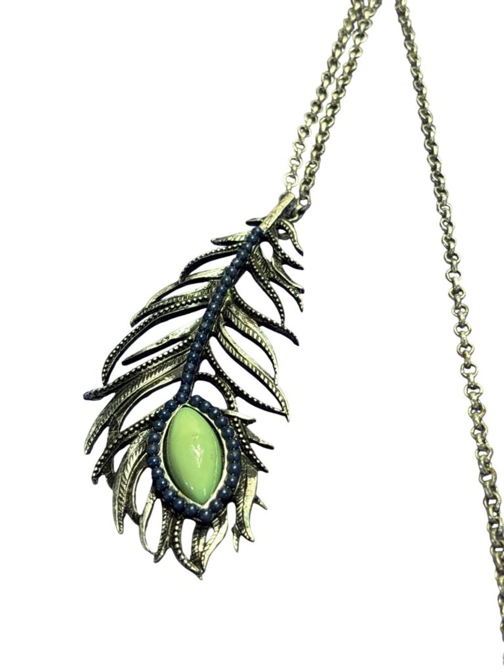 Silvertone Feather Pendant Necklace Green Cabochon Blue Beads Pendant